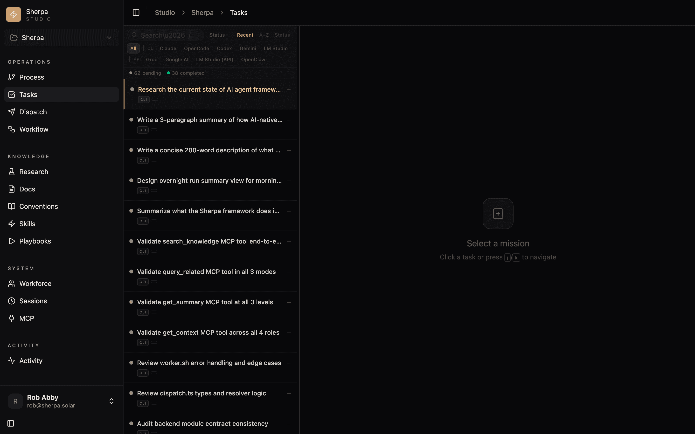 Sherpa Studio task board listing dispatched agent missions with per-backend filter chips
