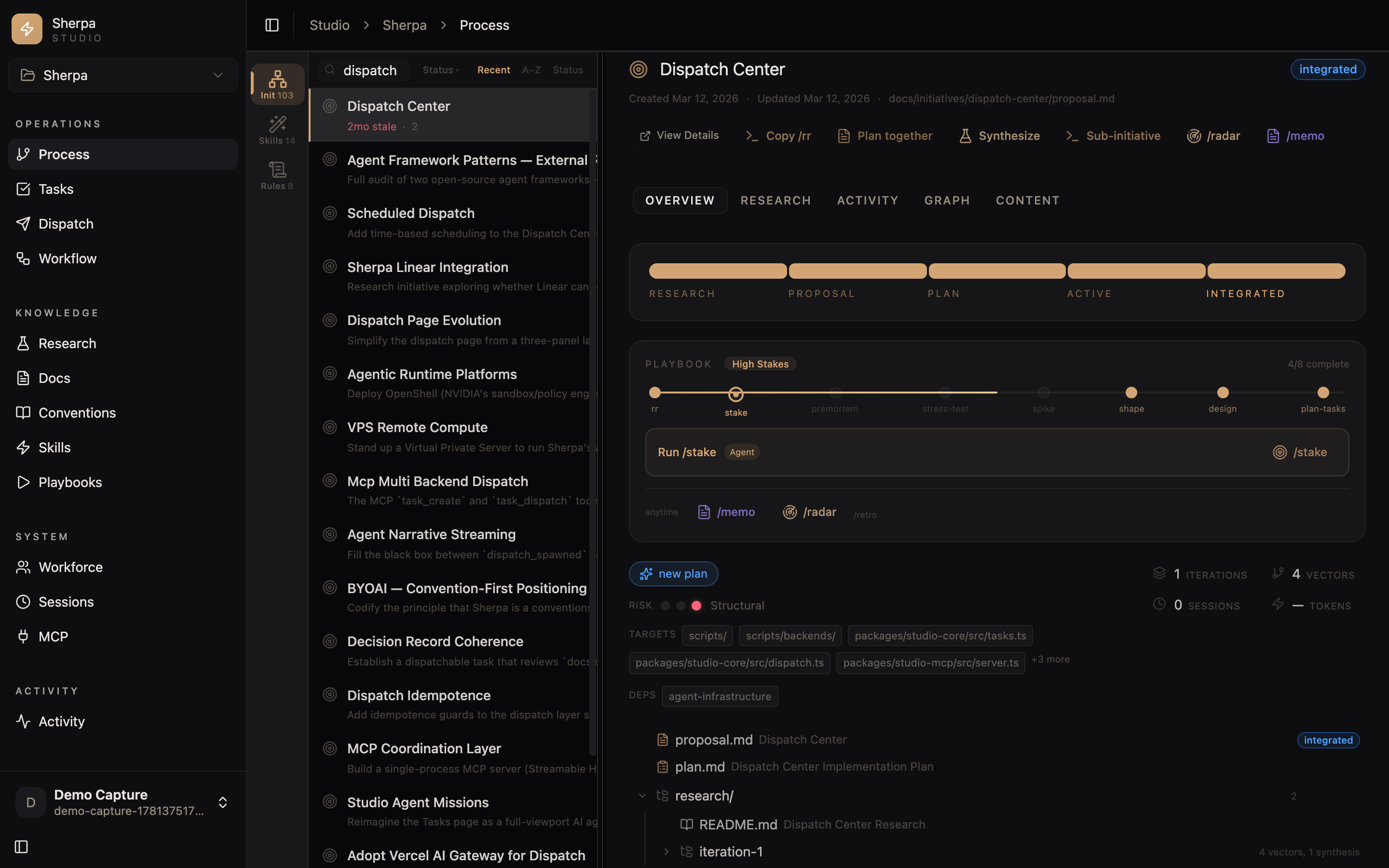 The Dispatch Center initiative in Sherpa Studio: lifecycle bar showing research, proposal, plan, active, and integrated stages complete, with proposal.md, plan.md, and a research directory attached.